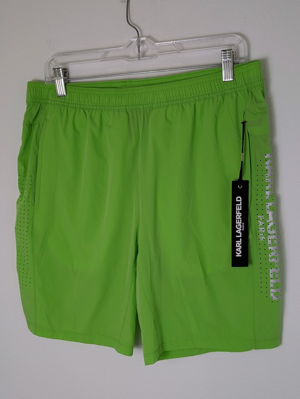 New KARL LAGERFELD PARIS Nylon Embroidered Shorts Sz M Neon Green Active Casual